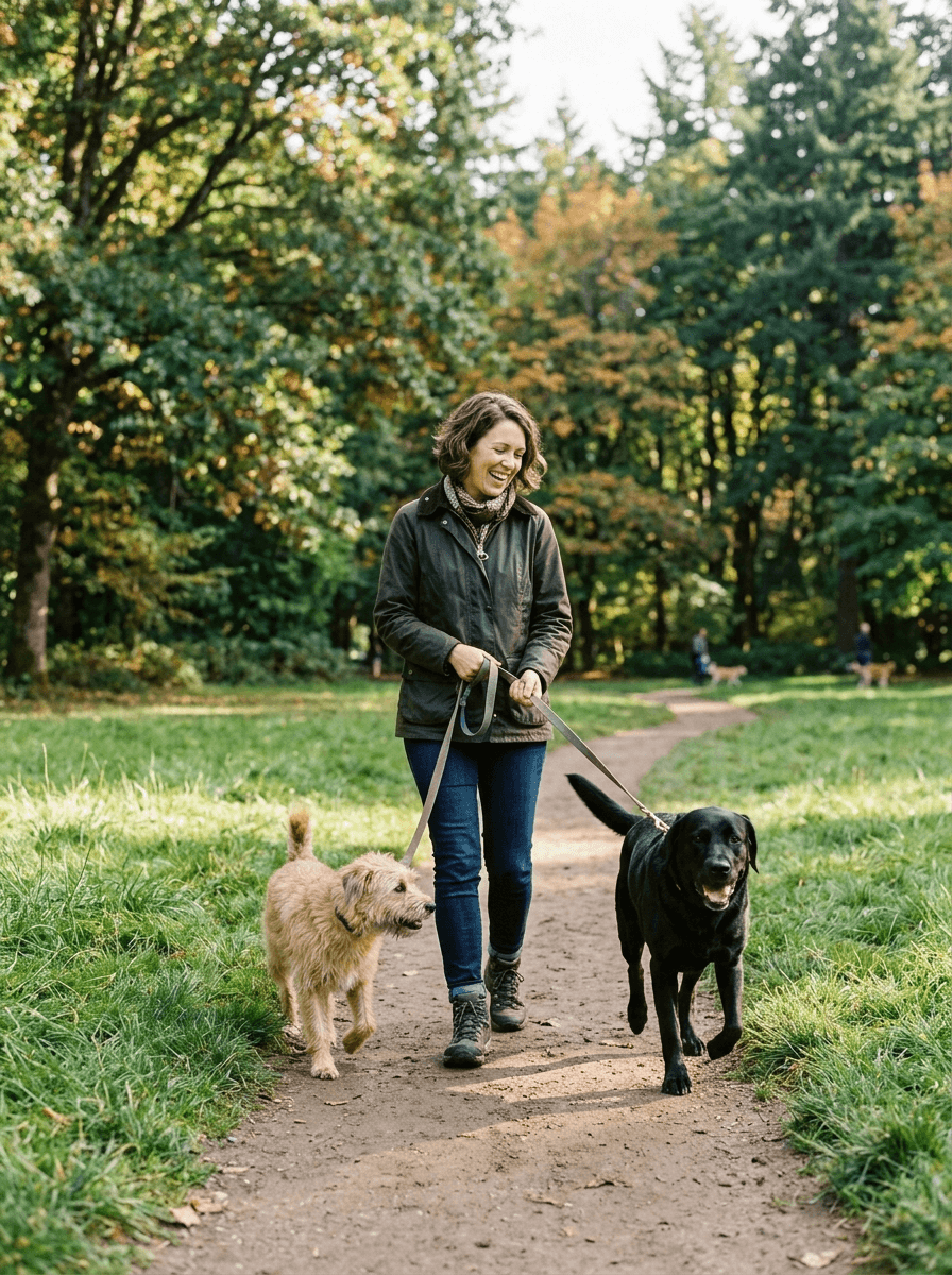 Woman walking two dogs on leads in a green park