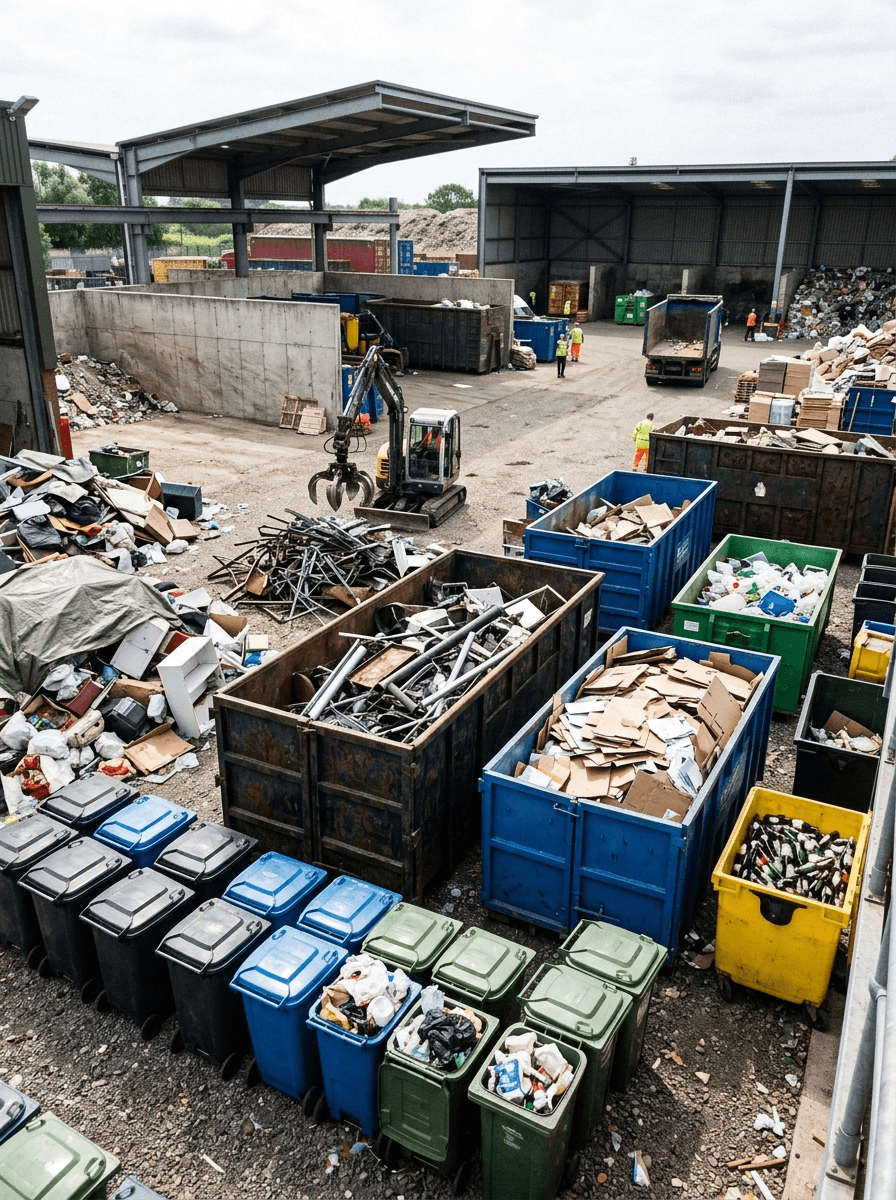 Organised recycling centre with sorted waste bins, recycling containers, and materials